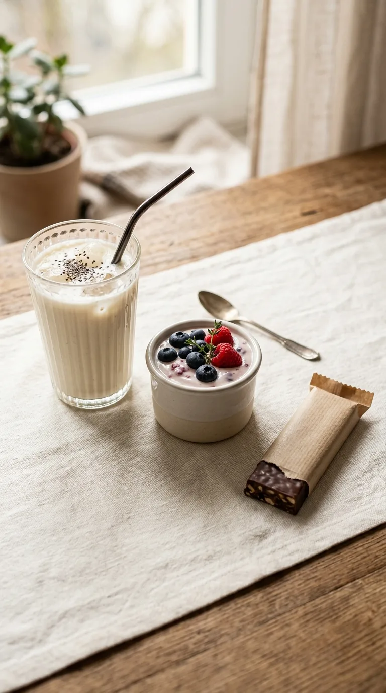 A compact plate of high-protein foods that together add up to about 30 grams of protein